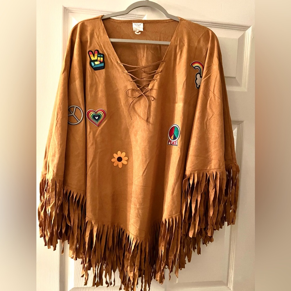 SPIRIT Fringe Hippie Shawl with 60's & 70's Patches. One size fits all.